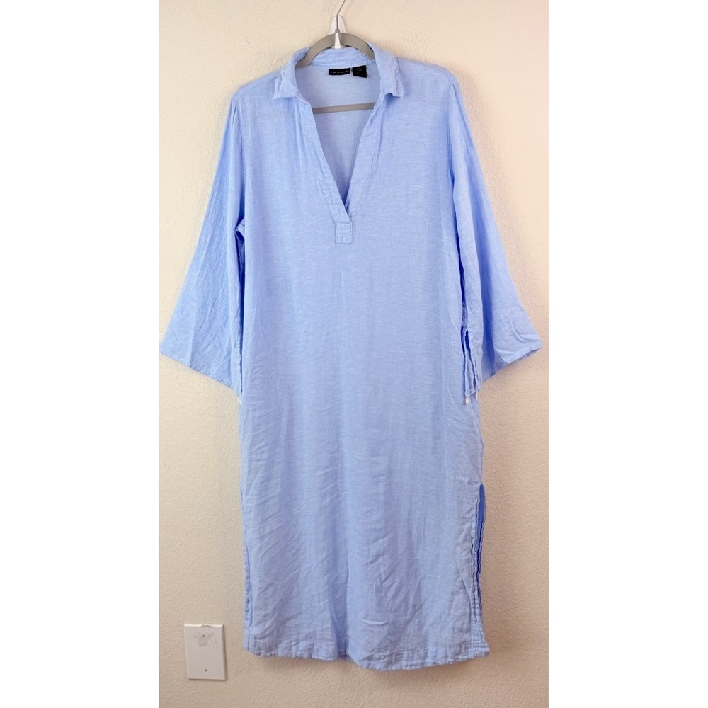Tahari Linen Blend Maxi Dress M Blue Caftan Tunic V Neck Coastal Beach Cover Up